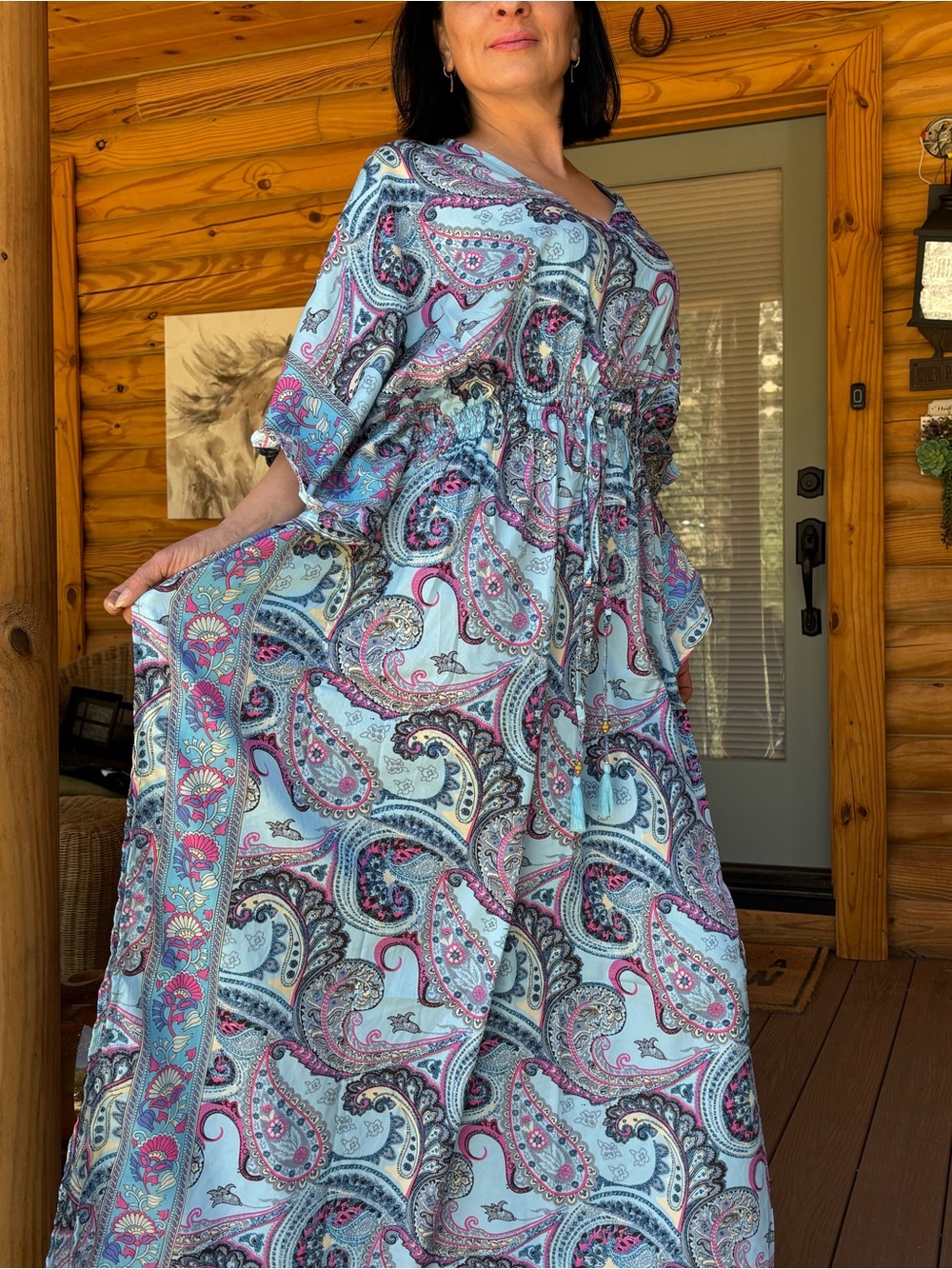 Light Blue Paisley Maxi Dress caftan with Pink Accents